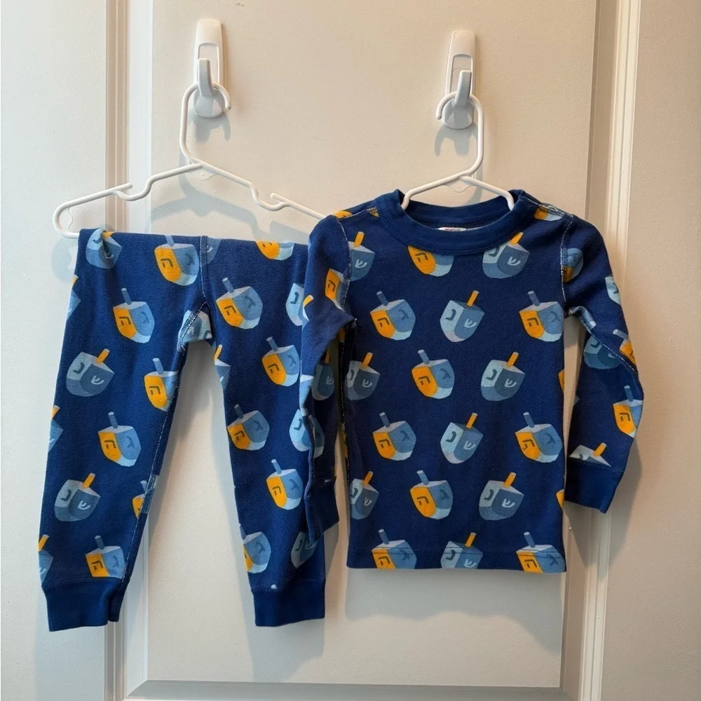 Hanna Andersson Blue Long John Cotton Pajamas Hanukkah Dreidel Print 3T/90